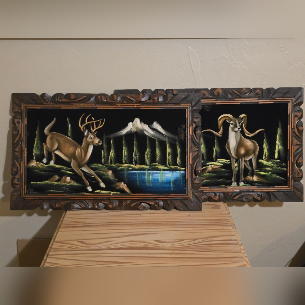 Lot Of 2 Vintage 70's Velvet Wood Frame Wildlife Paintings